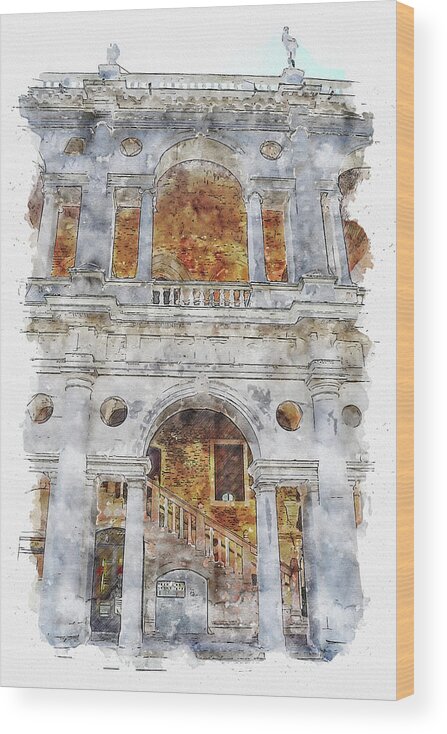 Architecture Wood Print featuring the digital art Architecture #watercolor #sketch #architecture #building #26 by TintoDesigns