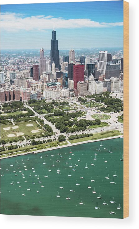 Lake Michigan Wood Print featuring the photograph Aerial View Of The Downtown In Chicago #3 by Franckreporter