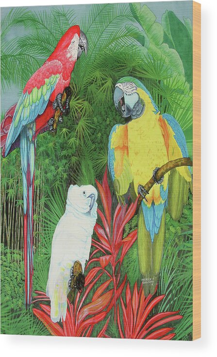 Birds Wood Print featuring the painting 3 Parrots by Patrick Sullivan