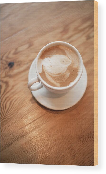 Natural Pattern Wood Print featuring the photograph A Cup Of Frothy Coffee In A White China by Mint Images - Britt Chudleigh