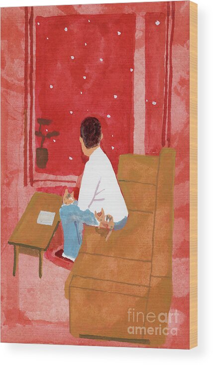 A Man Watching The City Of Snow From The Living Room Wood Print featuring the painting A Man Watching The City Of Snow From The Living Room by Hiroyuki Izutsu