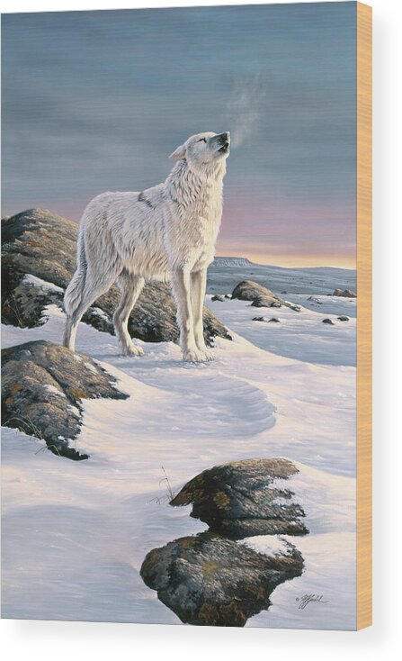 Arctic Wolf Howling In The Cold Air Wood Print featuring the painting Arctic Song by Wilhelm Goebel
