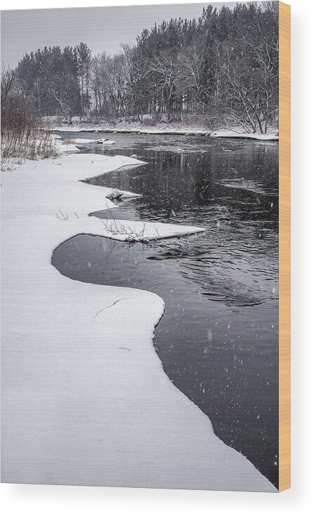 Snow Ice Yahara River Stoughton Wi Wisconsin Dane Vertical Scenic Landscape Cold Snowfall Winter Blizzard B&w Black And White Curvy Wood Print featuring the photograph At the Yahara River Bend - snowy scene south of Stoughton WI by Peter Herman
