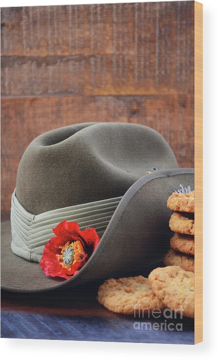 Rustic Wood Print featuring the photograph Australian Army Slouch Hat and Anzac Biscuits. by Milleflore Images