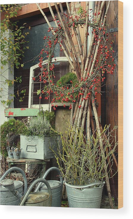 Ip_13176930 Wood Print featuring the photograph Autumn Arrangement With A Wreath Of Rose Hips, Zinc Watering Cans, And Zinc Buckets With Branches by Christin By Hof 9