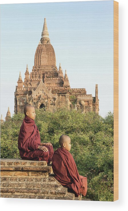Steps Wood Print featuring the photograph Bagan, Buddhist Monks Sitting On Temple by Martin Puddy