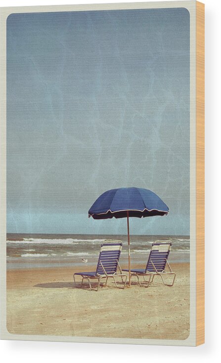 Water's Edge Wood Print featuring the photograph Beach Umbrella And Chairs - Vintage by Jitalia17