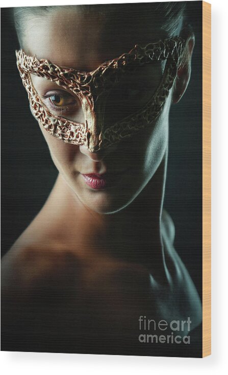 Art Wood Print featuring the photograph Beauty model woman wearing masquerade carnival mask by Dimitar Hristov
