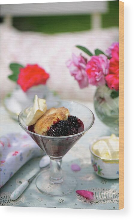 Ip_11144261 Wood Print featuring the photograph Blackberry Cobbler With Clotted Cream by Heinze, Winfried