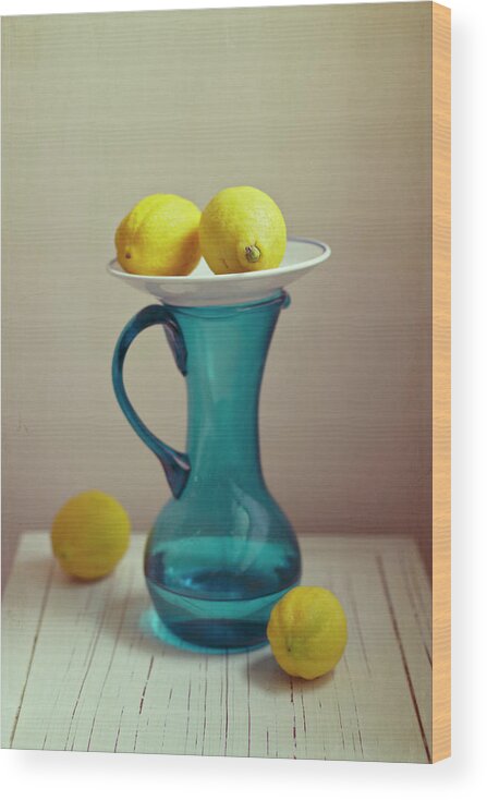 Healthy Eating Wood Print featuring the photograph Blue Pitcher With Lemons On White Plate by Copyright Anna Nemoy(xaomena)