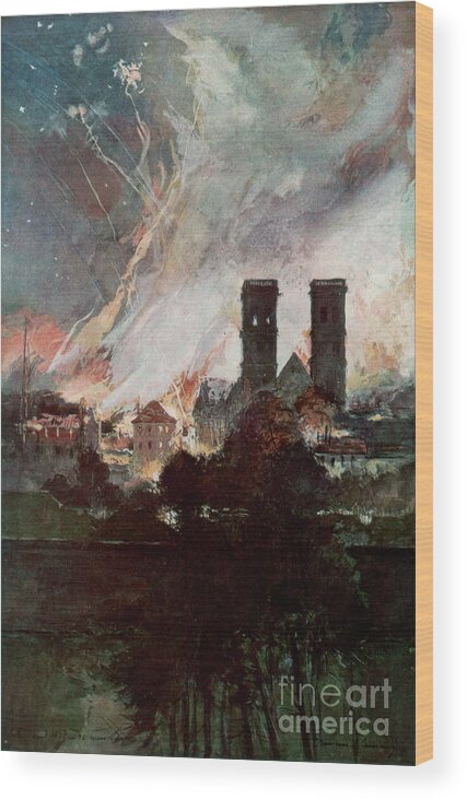 Time Of Day Wood Print featuring the drawing Bombardment Of Verdun With Incendiary by Print Collector