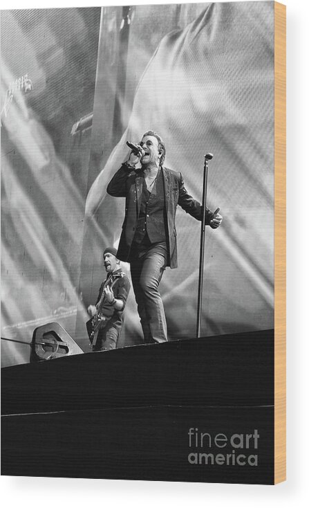 Bono Wood Print featuring the photograph Bono and the Edge during U2 Joshua Tree Tour 2017 New Orleans Superdome BW by Shawn O'Brien