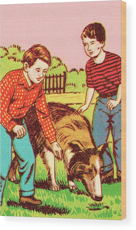 Animal Wood Print featuring the drawing Boys with dog by CSA Images