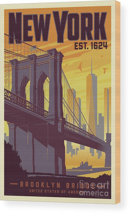 Brooklyn Wood Print featuring the digital art Brooklyn Bridge Poster - New York Vintage by Jim Zahniser