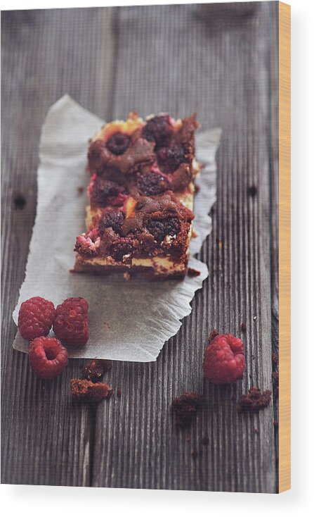 Temptation Wood Print featuring the photograph Brownie Cheese Cake With Raspberries by = Blue Spoon =