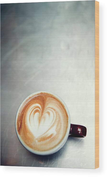 Spoon Wood Print featuring the photograph Caffe Macchiato Heart Shape On Brushed by Ryanjlane