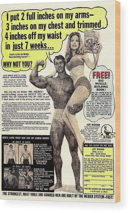 Wingsdomain Wood Print featuring the photograph Classic Comic Book Advertisement Arnold Schwarzenegger I Put 2 Full Inches On My Arms 20191101 by Wingsdomain Art and Photography