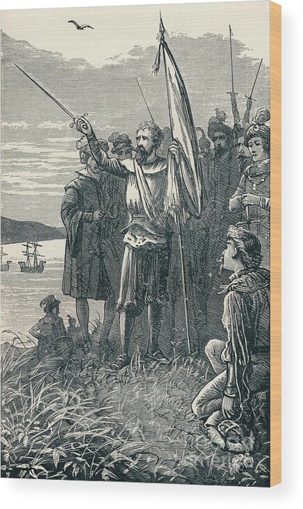 Christopher Columbus Wood Print featuring the drawing Columbus Takes Possession Of San by Print Collector