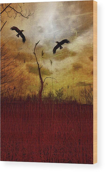 Crows In The Sunset Wood Print featuring the photograph Crows In The Sunset by Linda Sannuti