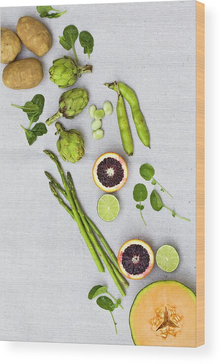 White Background Wood Print featuring the photograph Farmers Market - Vegetables On Linen by Kelly Sterling Photography