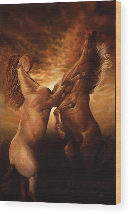 Fighting Horses Wood Print featuring the painting Fighting Horses by John Rowe