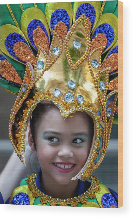 Filipino Day Parade Nyc 2019 Young Female Dancer In Head Dress Wood Print featuring the photograph Filipino Day Parade NYC 2019 Young Female Dancer in Head Dress by Robert Ullmann