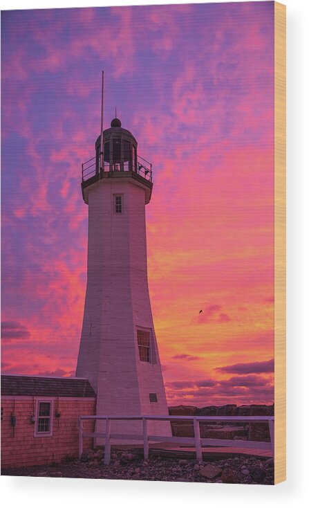 Scituate Wood Print featuring the photograph Fire Sunrise - Scituate Lighthouse by Ann-Marie Rollo