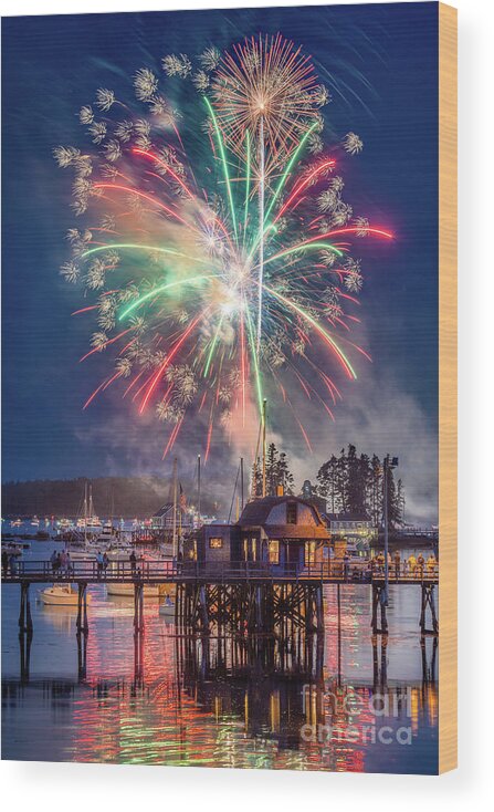 Boothbay Harbor Wood Print featuring the photograph Fireworks over the Boothbay Harbor Footbridge by Benjamin Williamson