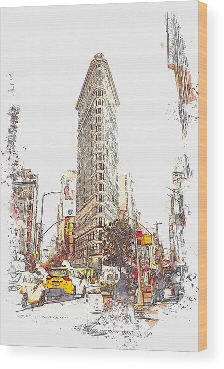 Iron Wood Print featuring the painting Flat Iron, New York, Etats-Unis - watercolor by Adam Asar by Celestial Images