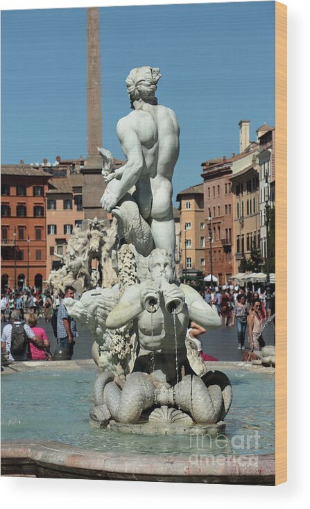 Fountain Moro Piazza-navona Rome Italy Travel Photography Square Plazza Sculpture History Roma  Wood Print featuring the photograph Fontana del Moro by Peter Skelton