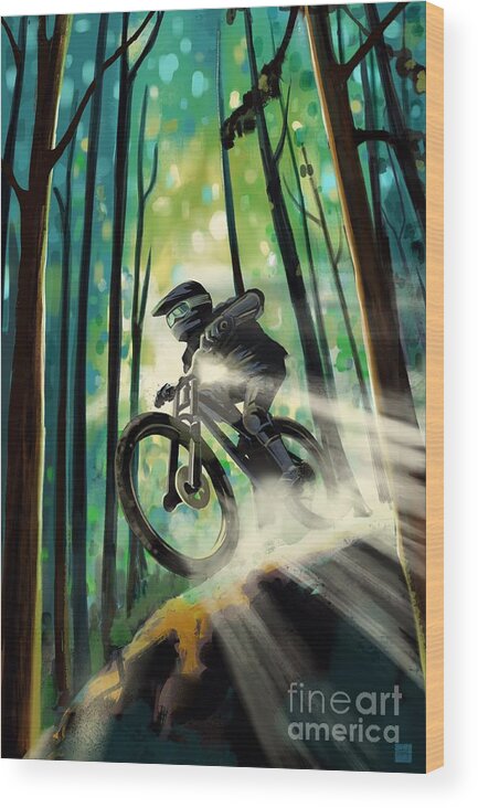 Mountain Bike Wood Print featuring the painting Forest jump mountain biker by Sassan Filsoof