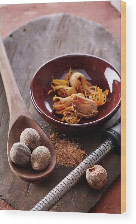 Cuisine At Home Wood Print featuring the photograph Fresh ground nutmeg by Cuisine at Home