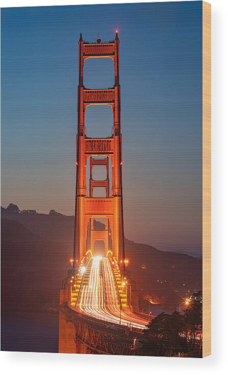 Night Wood Print featuring the photograph Golden Gate Bridge by Ron Langager