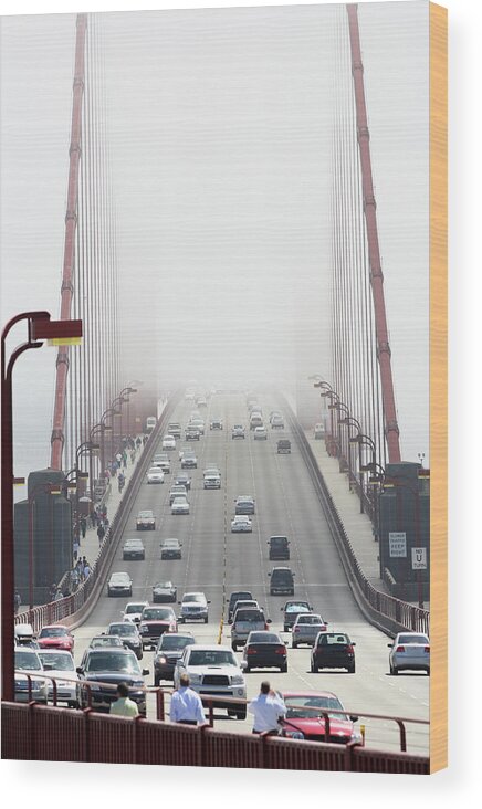 San Francisco Wood Print featuring the photograph Golden Gate Bridge Traffic In The Fog by Zeiss4me