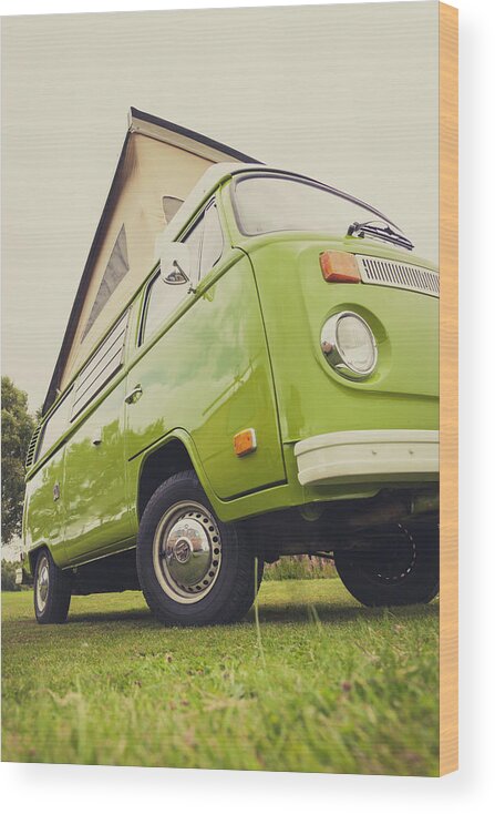 Richard Nixon Photography Wood Print featuring the photograph Green VW T2 Camper Roof Up by Richard Nixon