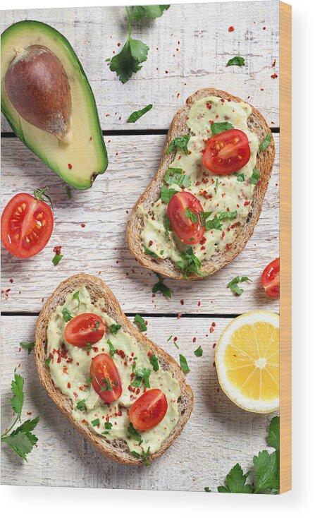 Breakfast Wood Print featuring the photograph Healthy Whole Grain Bread With Avocado by Barcin