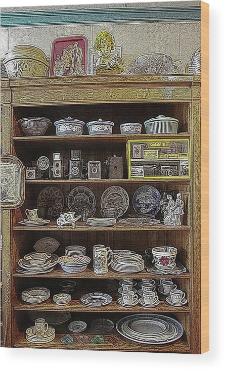 General Store Wood Print featuring the digital art Historic General Store Merchandise Dishes and Cameras by Marlin and Laura Hum