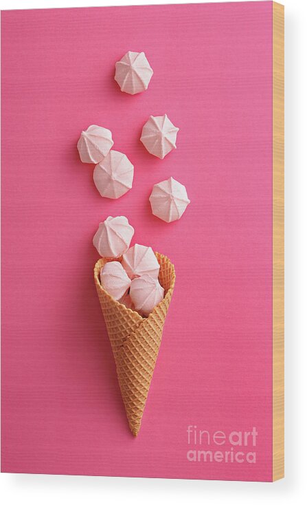 Empty Wood Print featuring the photograph Ice Cream Cone With Meringues On A Pink by Virtustudio