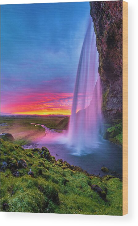 Estock Wood Print featuring the digital art Iceland, South Iceland, Suwurland, Sunset From The Footpath Behind Seljalandsfoss Waterfall by Sebastian Wasek