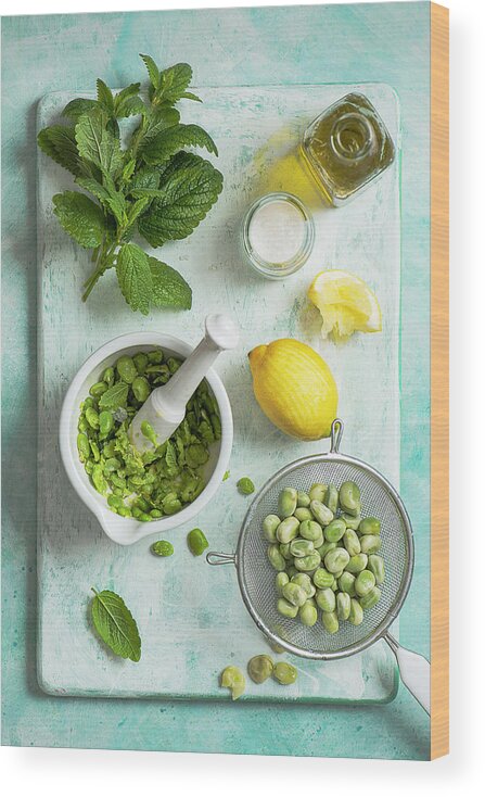 Ip_12666201 Wood Print featuring the photograph Ingredients For Broad Bean Pesto by Magdalena Hendey