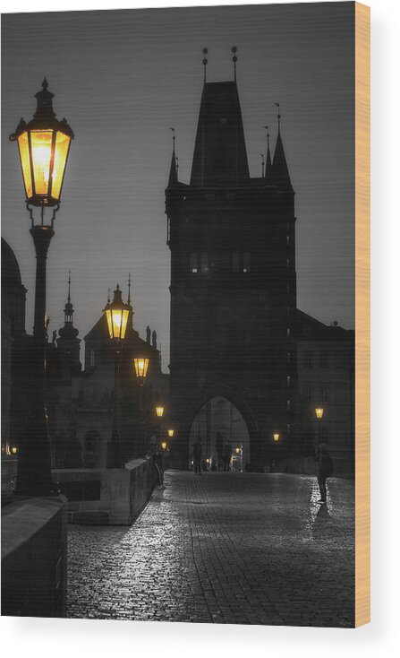 Selective Wood Print featuring the photograph Lamplight On Charles Bridge by Owen Weber