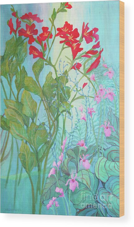 Red Flowers Wood Print featuring the painting Laura's Garden Three by Sharon Nelson-Bianco
