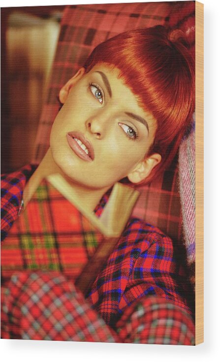 #new2022vogue Wood Print featuring the photograph Linda Evangelista With Short Red Hair Wearing by Arthur Elgort