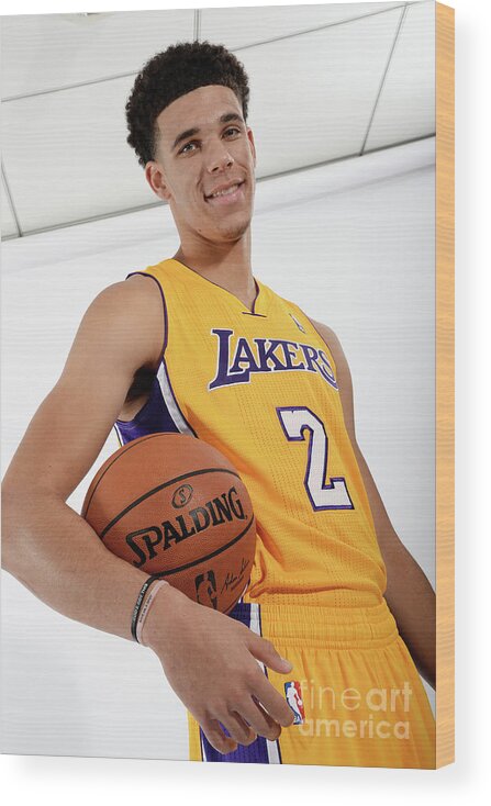 Lonzo Ball Wood Print featuring the photograph Los Angeles Lakers Introduce Lonzo Ball by Andrew D. Bernstein