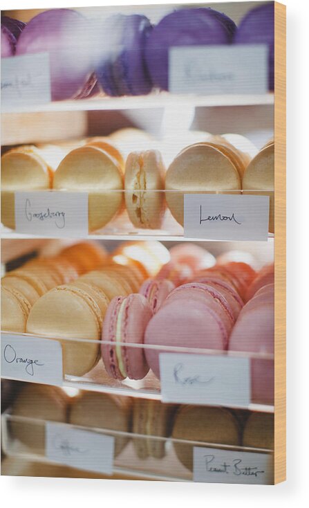 Unhealthy Eating Wood Print featuring the photograph Macaroon Varieties In Bakery Display by Hybrid Images