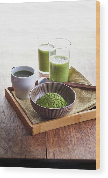 Cusine At Home Wood Print featuring the photograph Matcha powder and drinks by Cuisine at Home