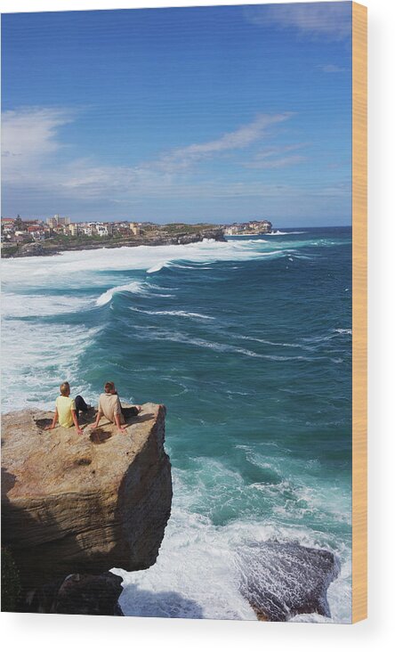 Scenics Wood Print featuring the photograph Men On Sea Rocks At Bronte Beach by Oliver Strewe