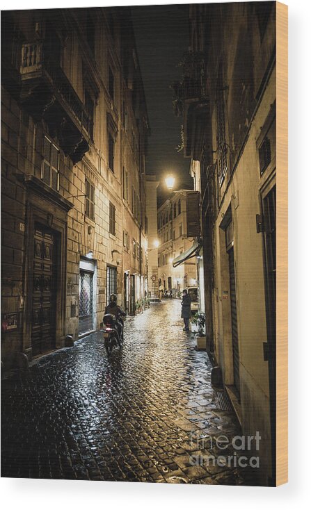 Italy Wood Print featuring the photograph Motorbike in Narrow Street at Night in Rome in Italy by Andreas Berthold