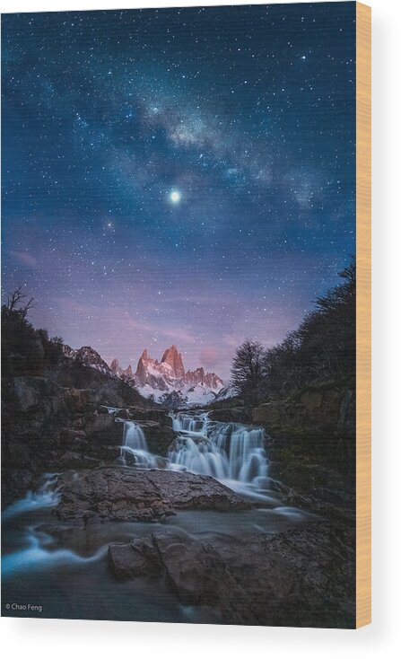 Night;galaxy;mountain;falls;water;sunrise;patagonia;fitzroy;milkyway;stars Wood Print featuring the photograph Mt. Fitz Roy At Dawn by Chao Feng