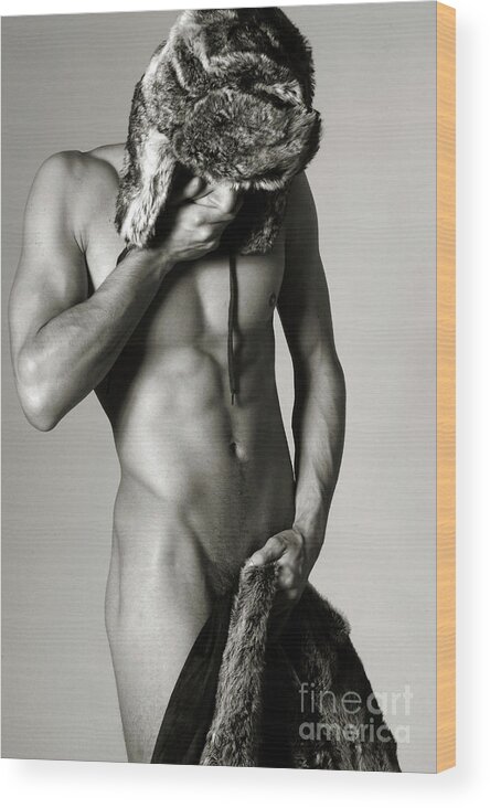 Young Men Wood Print featuring the photograph Naked Man With Fur Hat And Fur Coat by Zam-photography